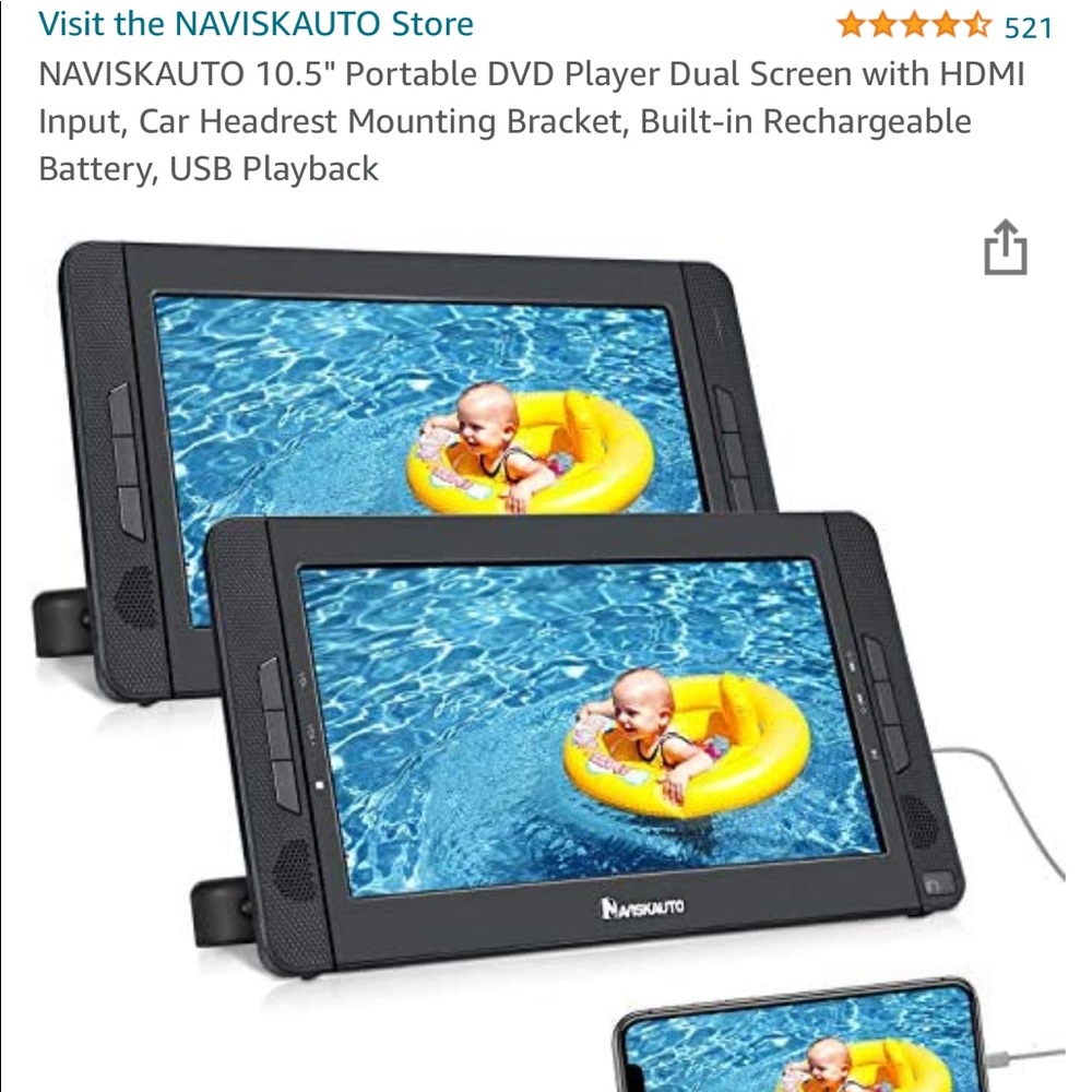 Portable dual screen car headrest DVD player with extra chargers.